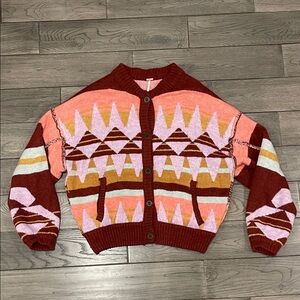 Free People Oversized Aztec Pattern Knit Cardigan - Maroon Red and Pink (XS)